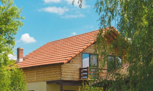 Discover a picturesque rustic house surrounded by vibrant greenery in a serene summer landscape.